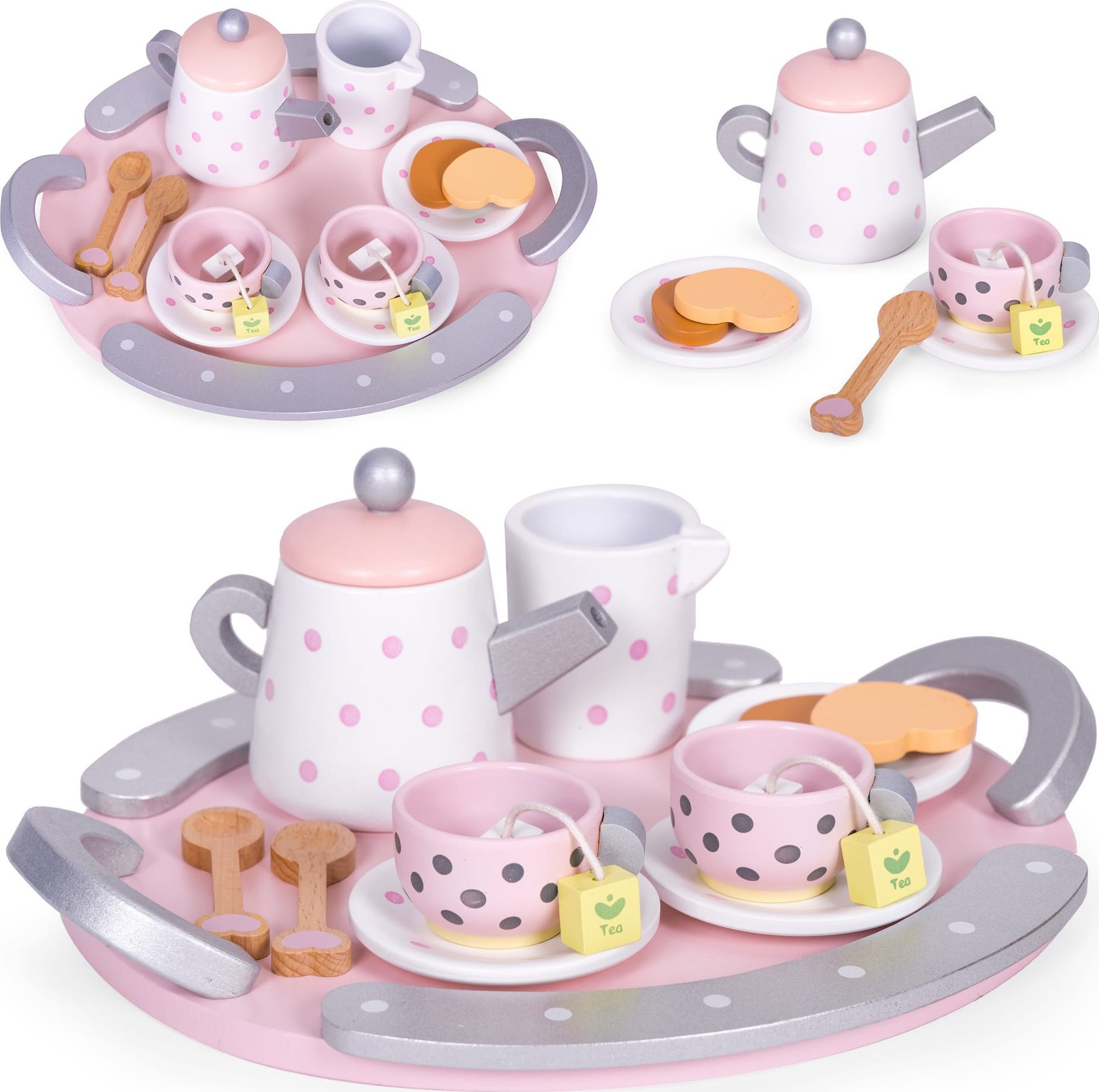 Ecotoys Drewniany zestaw do herbaty filiżanki czajnik 15 elementów ECOTOYS