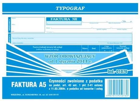 Typograf Druki samokopiujące faktura A5 poziom(s) czynności zwolnione z podatku na podst.art.43 (01076)