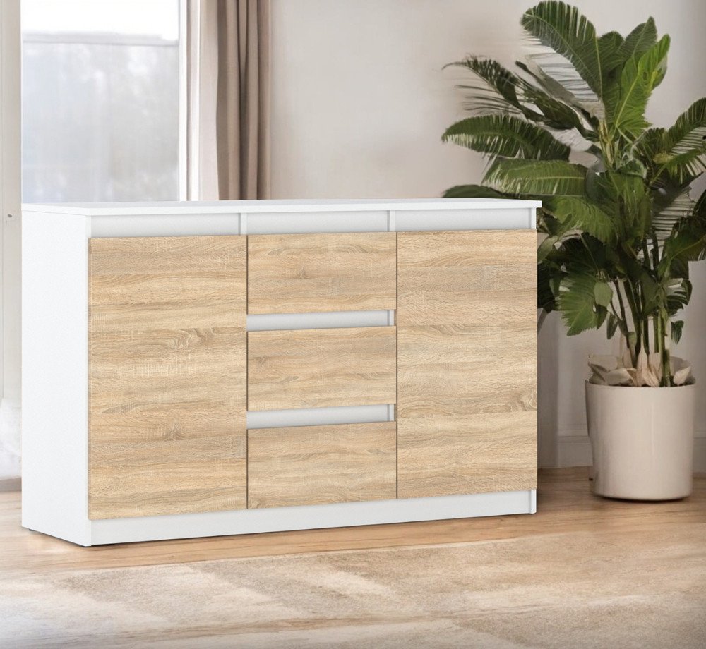 Komoda Do Salonu Sypialni 3 Szuflady 120cm Pokój Młodzieżowy Biała Sonoma