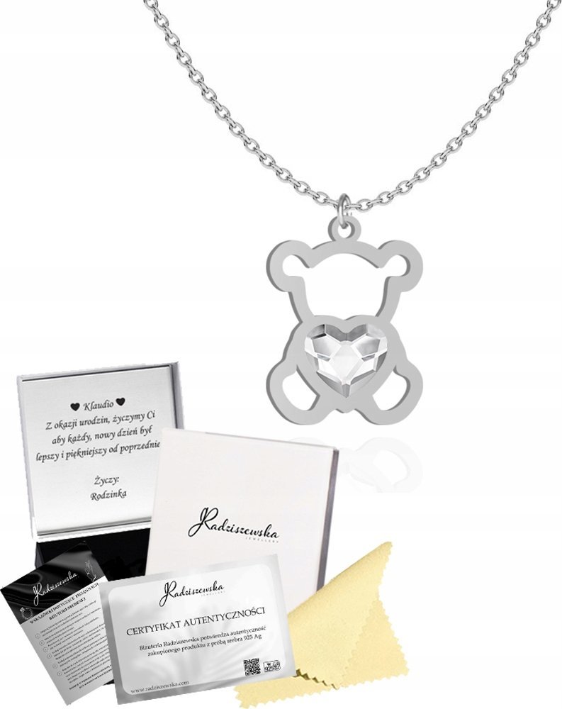 Radziszewska Jewellery Naszyjnik Srebrny Miś z sercem Łańcuszek 925 Prezent DEDYKACJA GRATIS