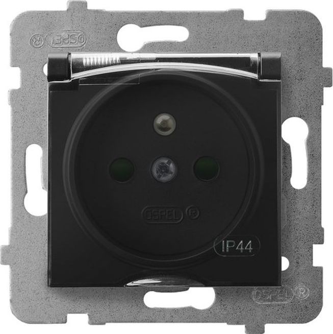 Ospel ARIA Gniazdo bryzgoszczelne z/u IP44 z przesłonami torów prądowych wieczko przezroczyste czarny metalik GPH-1UZP/m/33/d
