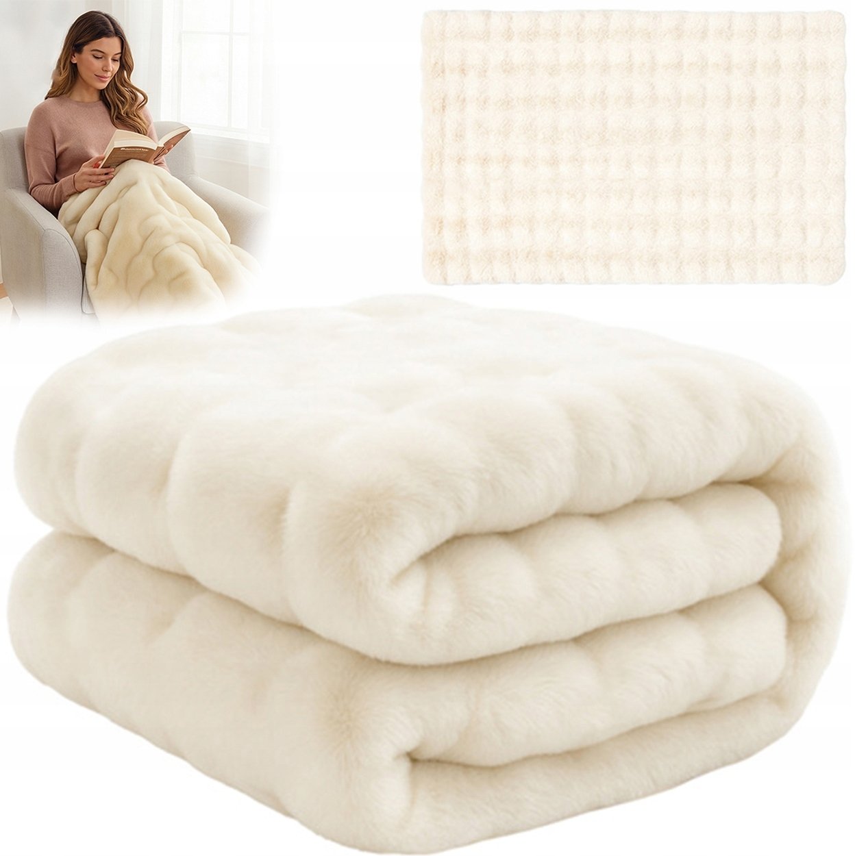 Monroe KOC 160x100 cm BIAŁY Futerkowy Pluszowy Miękki Narzuta na CIEPŁY