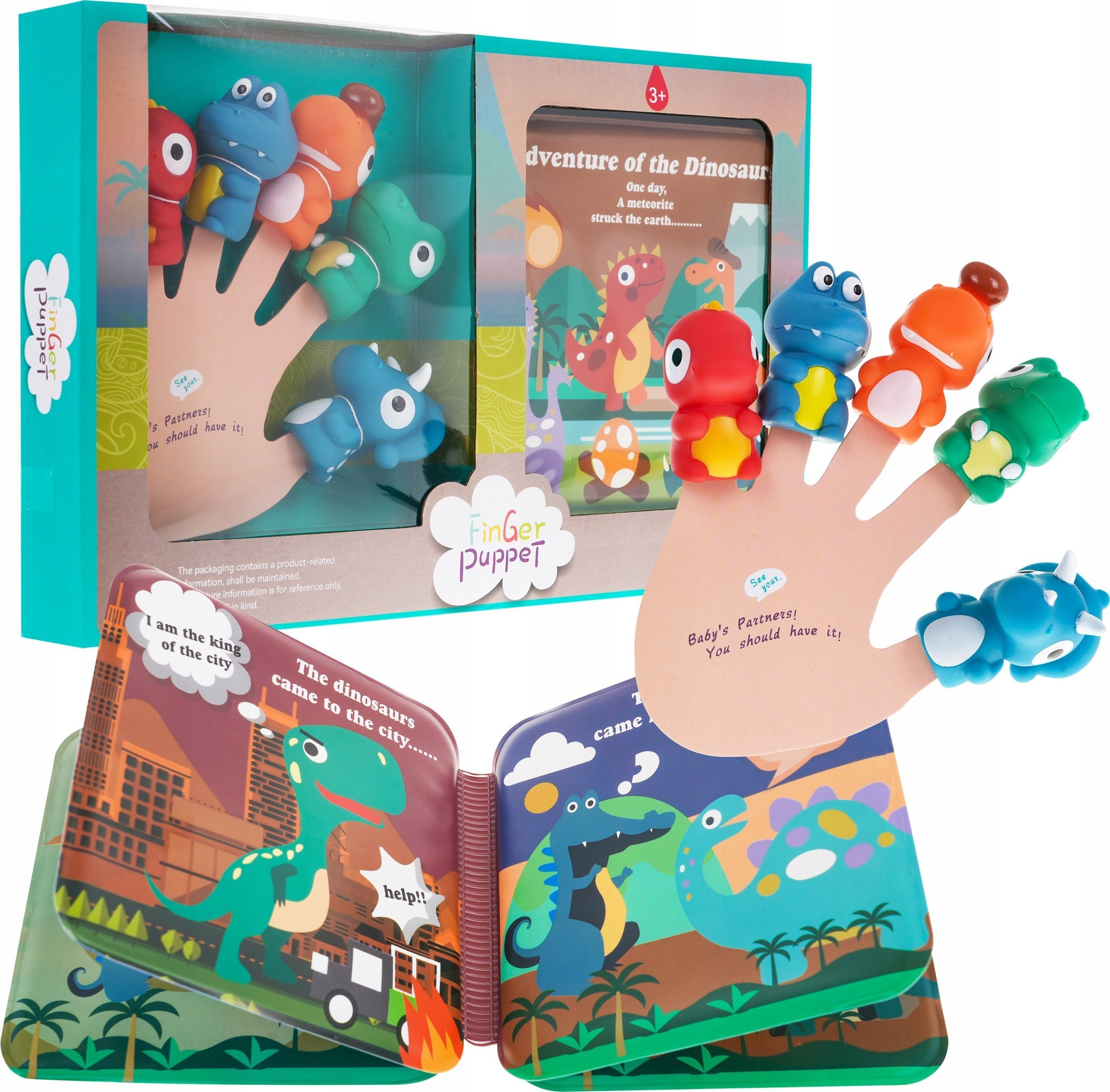Triton Zestaw 5 Gumowych Pacynek na palce + Książeczka Dinozaury dla dzieci 3+ Wodoodporność + Odgrywanie teatrzyków