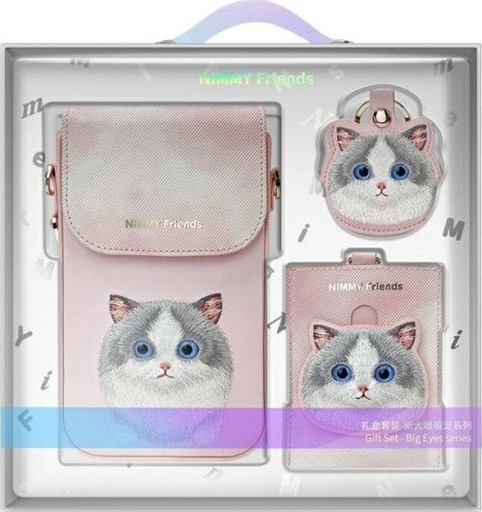 Nimmy Zestaw 3w1 torebka na telefon + portfel + etui na lokalizator różowy/pink Big Eyed Pet 2.0 Cat
