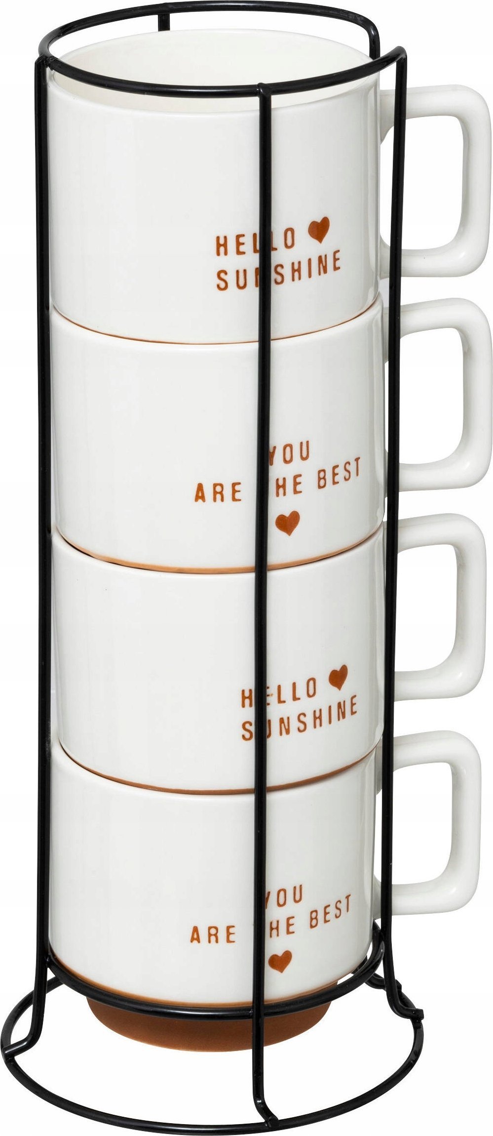 Zestaw 4 porcelanowych kubków HELLO na metalowym stojaku, 4 x 300 ml