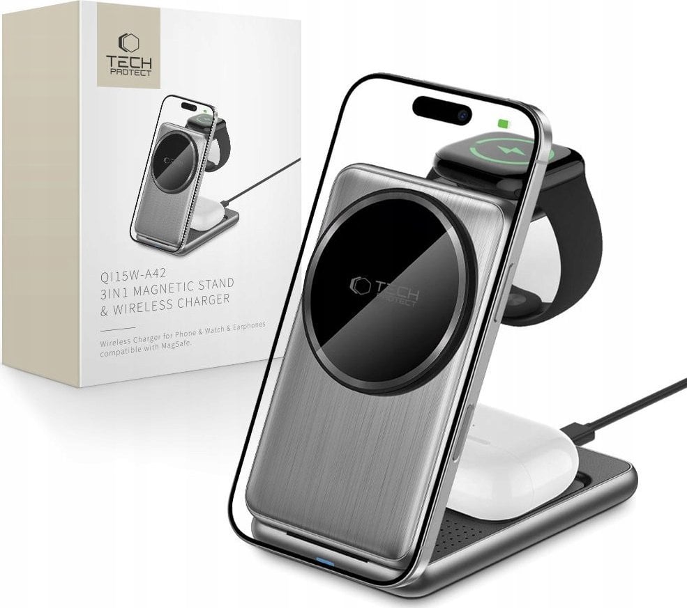 Ładowarka bezprzewodowa Tech-Protect QI15W-A42 3in1 Magnetic MagSafe Wireless Charger Space Grey