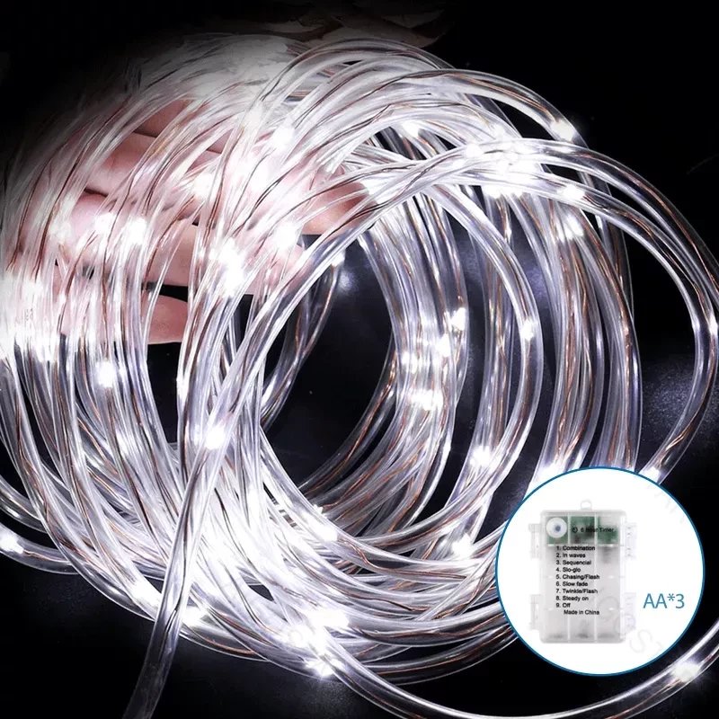 Wężyk led 15mb sznur 150 led 5mm na baterie białe zimne 8 funkcji