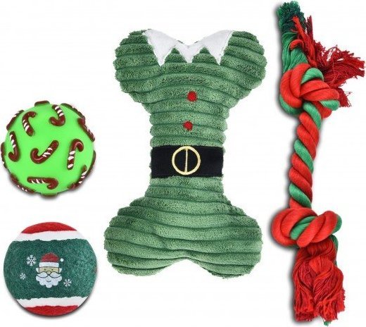 Barry King Zestaw zabawek dla psa: piłka winylowa 6,7cm, piłka tenisowa 6,3cm, kość pluszowa 21cm, sznur 32cm, zielony, 4szt/op.