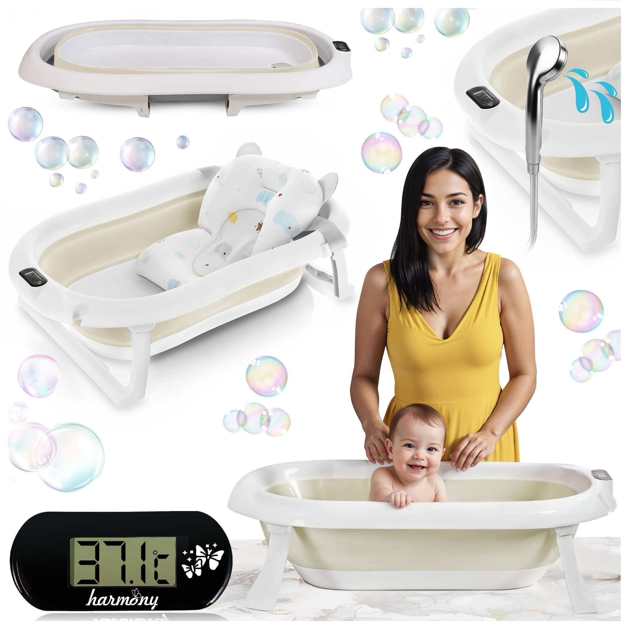 WANIENKA DZIECIĘCA Z TERMOMETREM HARMONY BEŻOWA PODUSZKA SŁONIKI