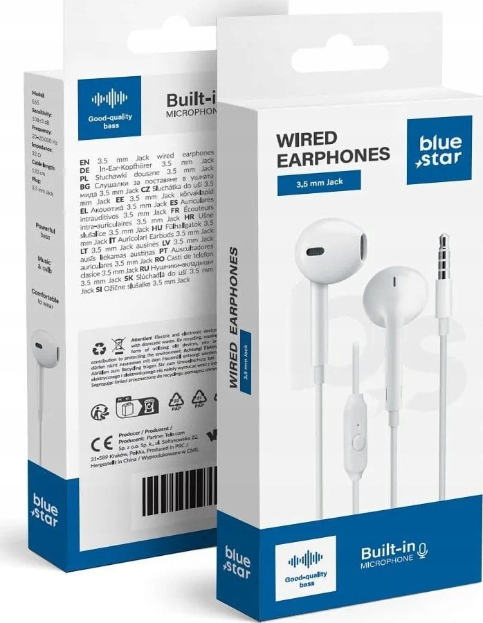 BLUE STAR słuchawki przewodowe Jack 3,5 mm z mikrofonem PA-E65 1,2 m białe