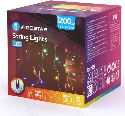 Lampki choinkowe Aigostar Niskonapięciowe lampki choinkowe sople 200led przepływ multikolor10m Niskonapięciowa płaska taśma świetlna sople przepływ,