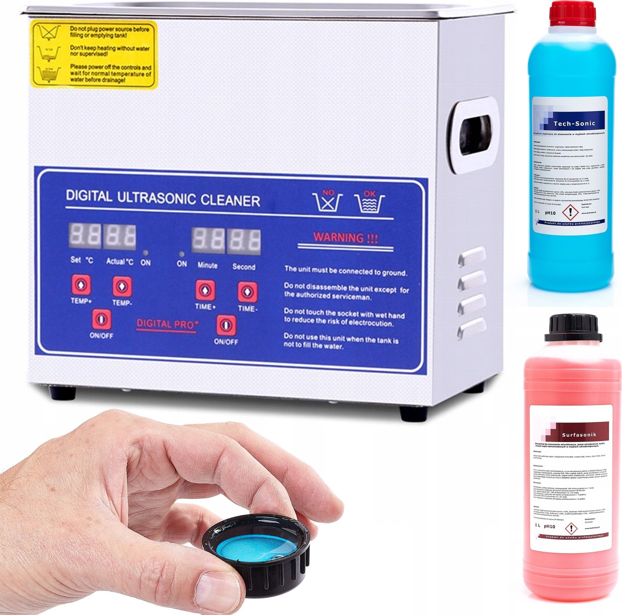 Myjka Ultradźwiękowa PS-20A LCD Wanna 3,2L do Biżuterii Zestaw Koncentratów 2L