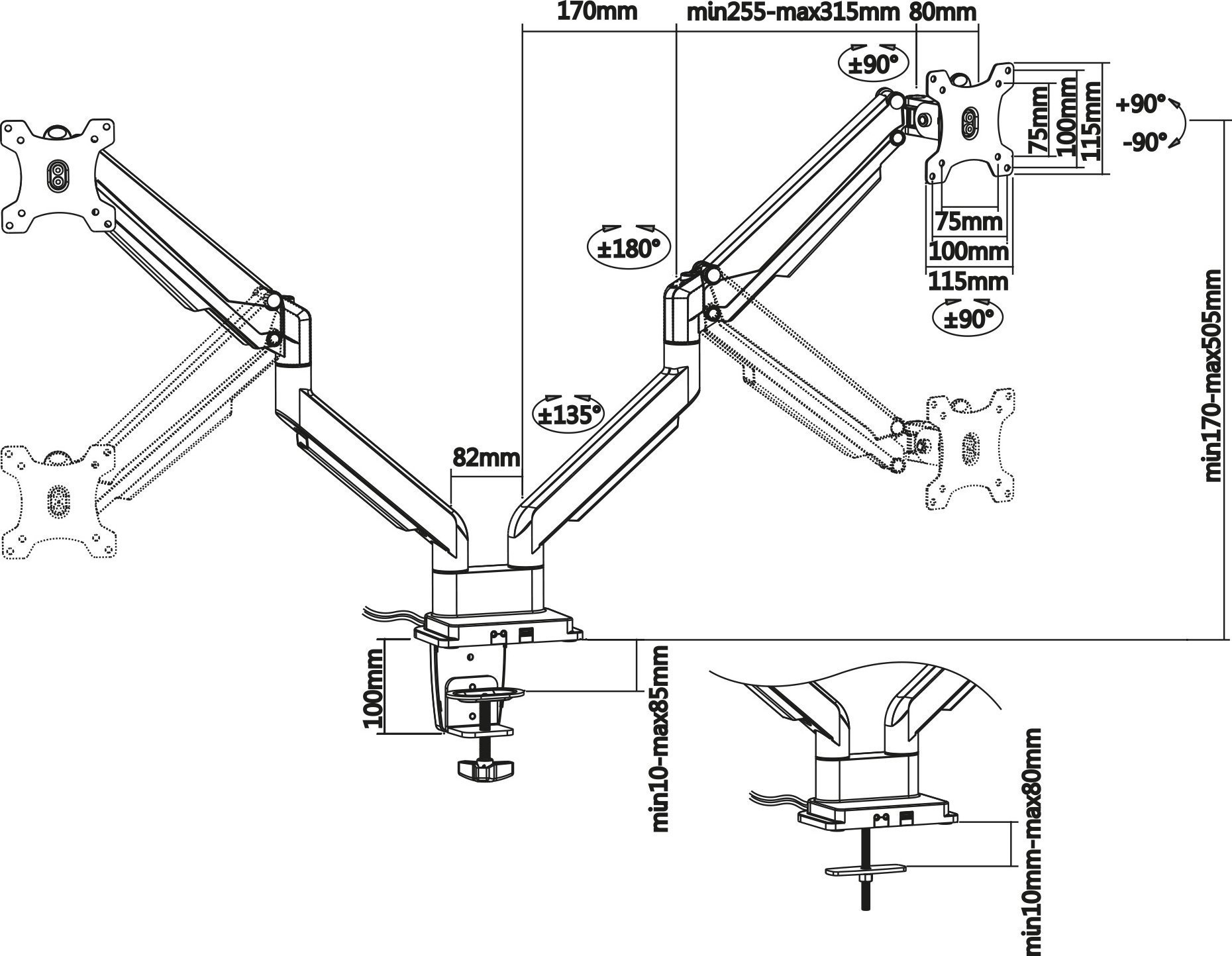 InLine InLine® Desktop mount with lifter and USB 3.0, movable, for two Displays up to 81cm (32") max. 9kg