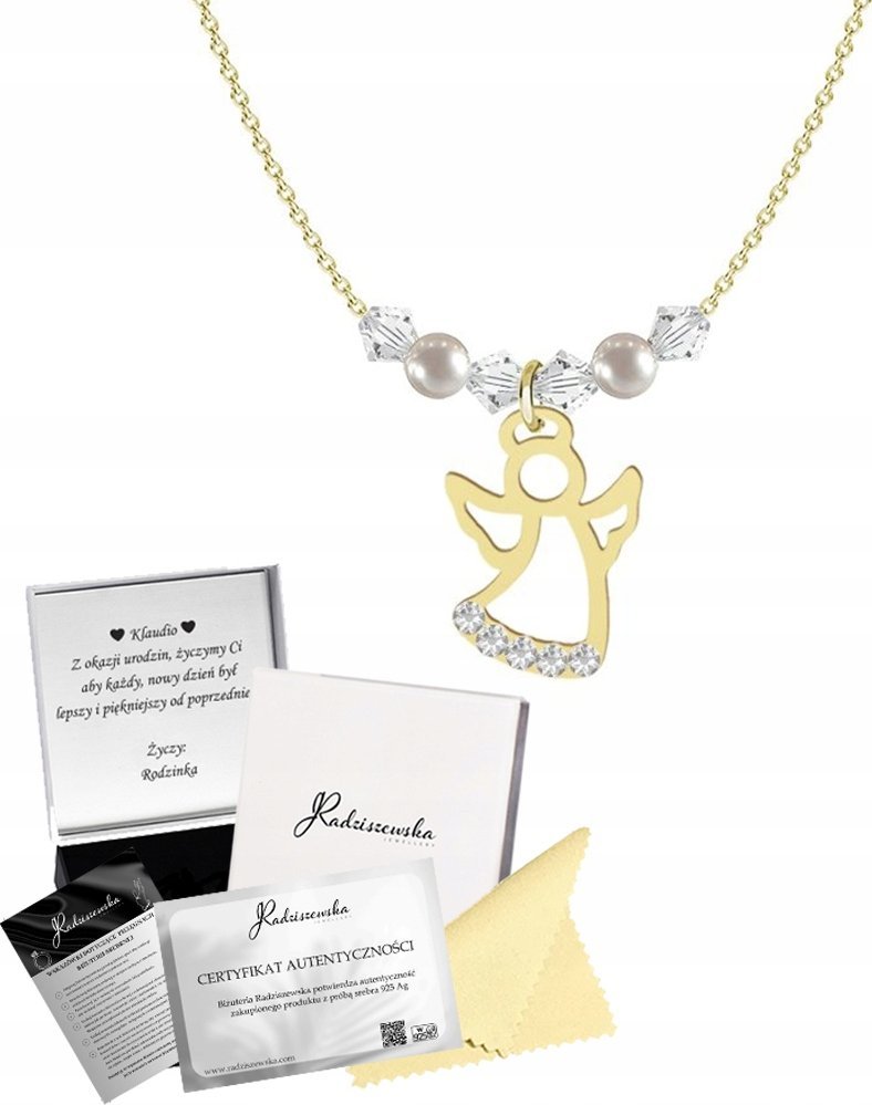 Radziszewska Jewellery Złoty Naszyjnik z Aniołkiem na KOMUNIĘ Łańcuszek Kryształy Prezent ŻYCZENIA