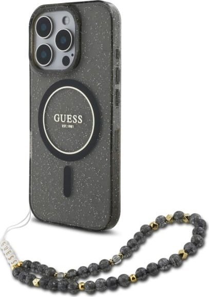Guess Guess GUHMP16XHGCRELSK iPhone 16 Pro Max 6.9" czarny/czarny hardcase IML Glitter With Pearl Strap MagSafe