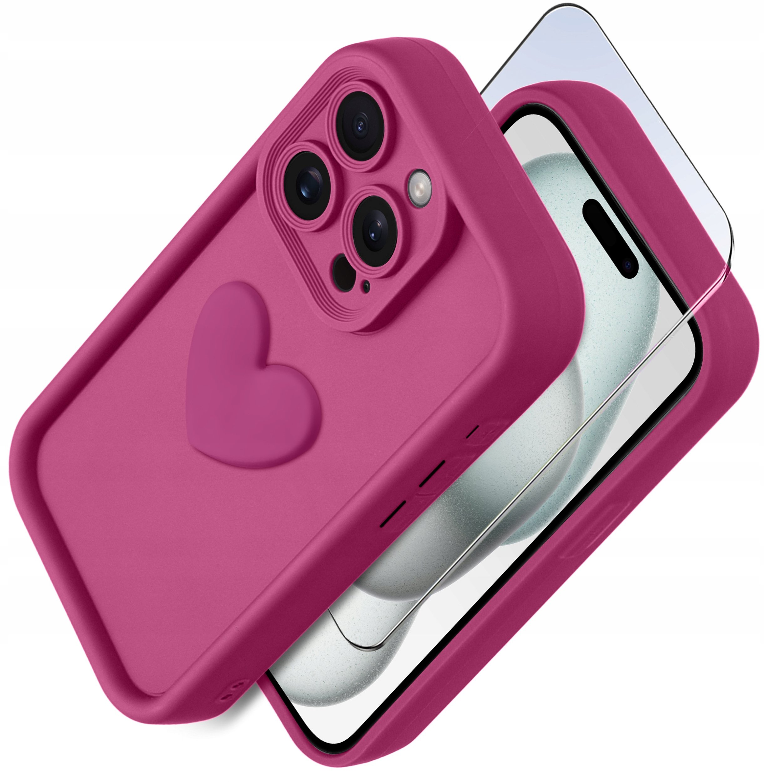 Etui do iPhone 15 Pro silikonowe MATOWE serce + Szkło ochronne na ekran 9H