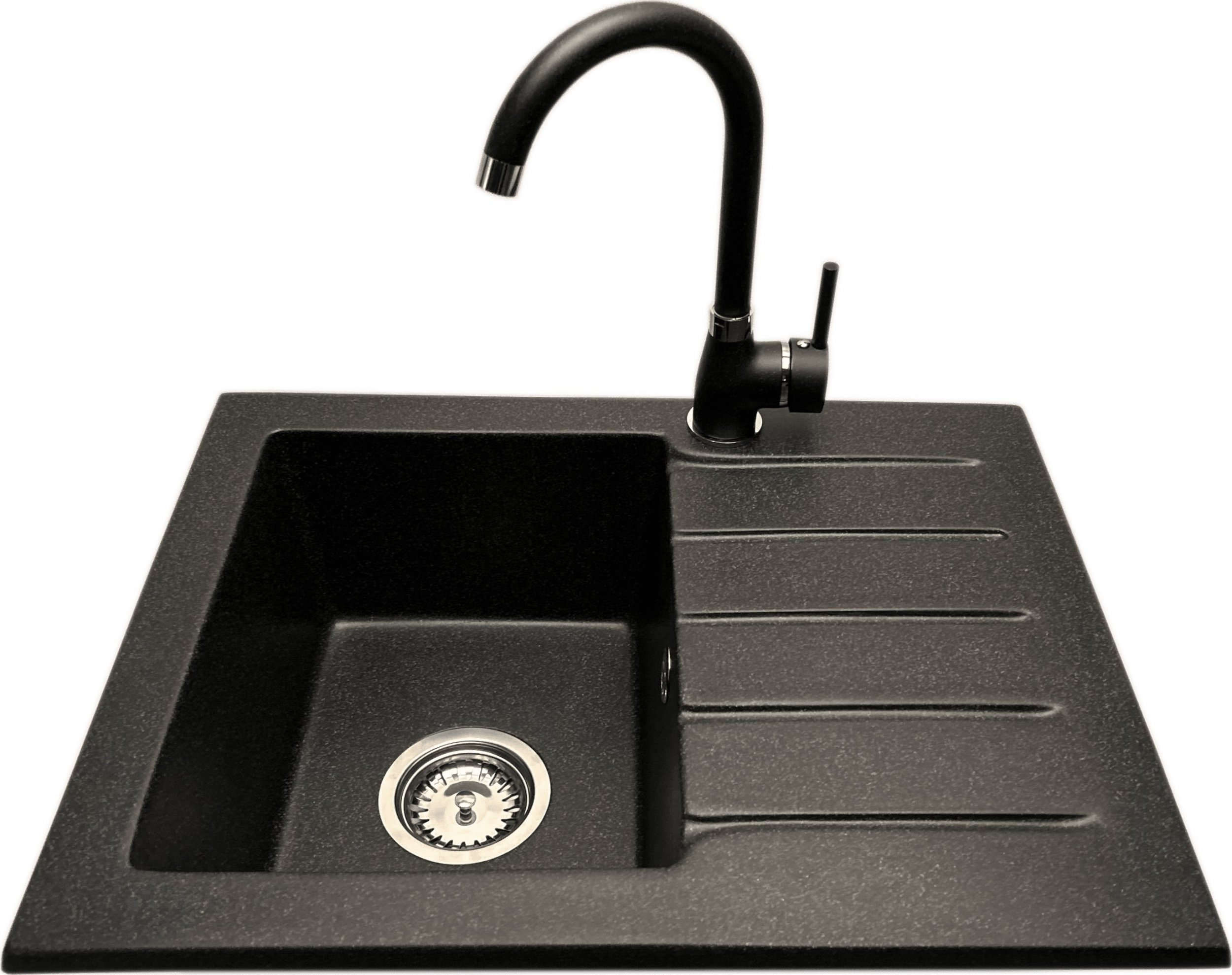 Zlewozmywak PREHNIT Zlewozmywak jednokomorowy z ociekaczem ARAGON grafit z prawym ociekaczem + bateria NOON