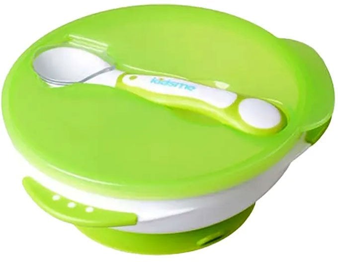 Kidsme bowl with suction cup lid and thermo spoon Lime from 9 months 9832LI