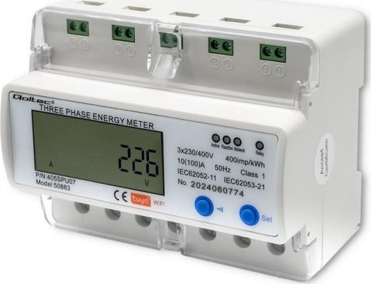 Qoltec Miernik zużycia energii Qoltec na szynę DIN | trójfazowy elektroniczny licznik | 400V | LCD | Wi-Fi