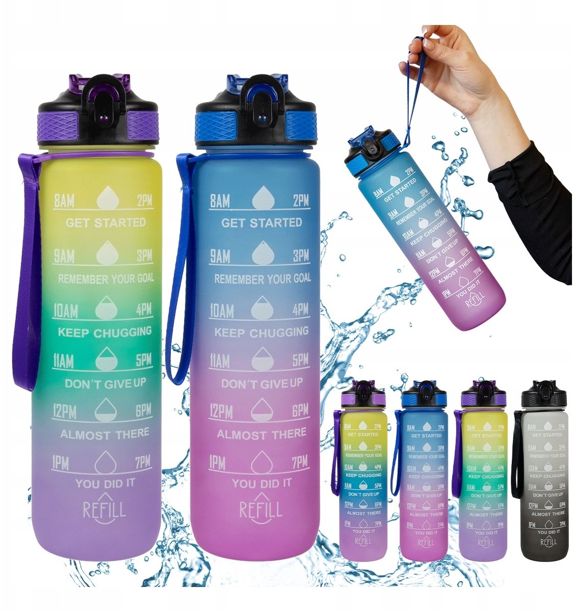 2x Butelka Sportowa Bidon na Wodę 1L Motywacyjny z Podziałką Rurka Fitness