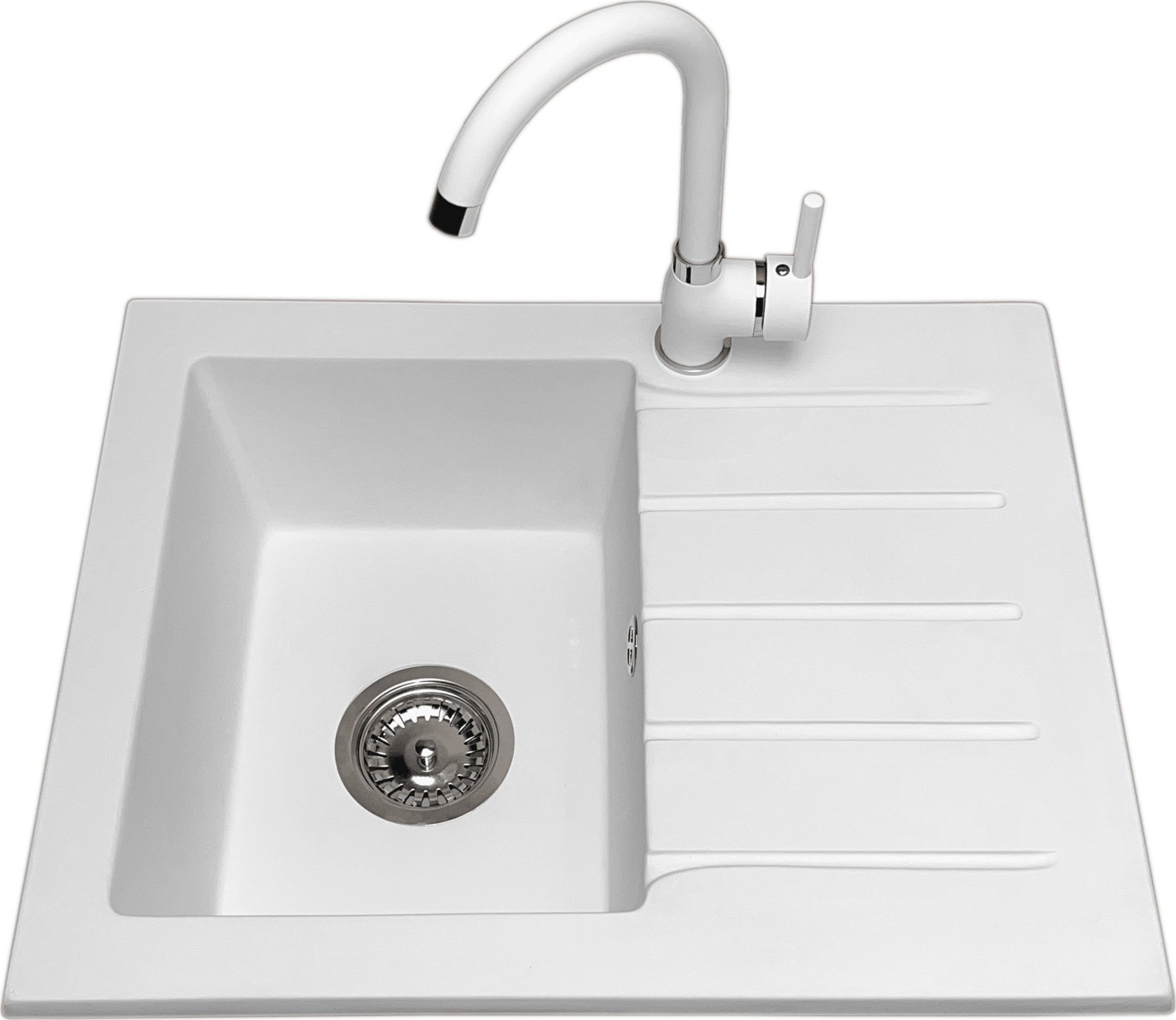 Zlewozmywak PREHNIT Zlewozmywak jednokomorowy z ociekaczem ARAGON biały z prawym ociekaczem + bateria NOON