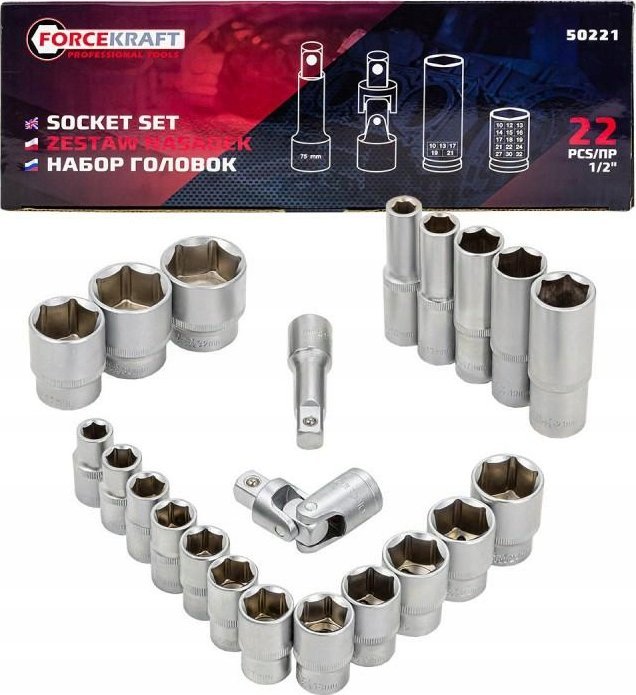 Forcekraft Zestaw nasadek 1/2" 22el. (6-kątnych)