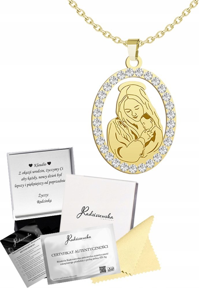 Radziszewska Jewellery Złoty Łańcuszek Medalik Matka Boska z Dzieciątkiem Kryształy GRAWER GRATIS