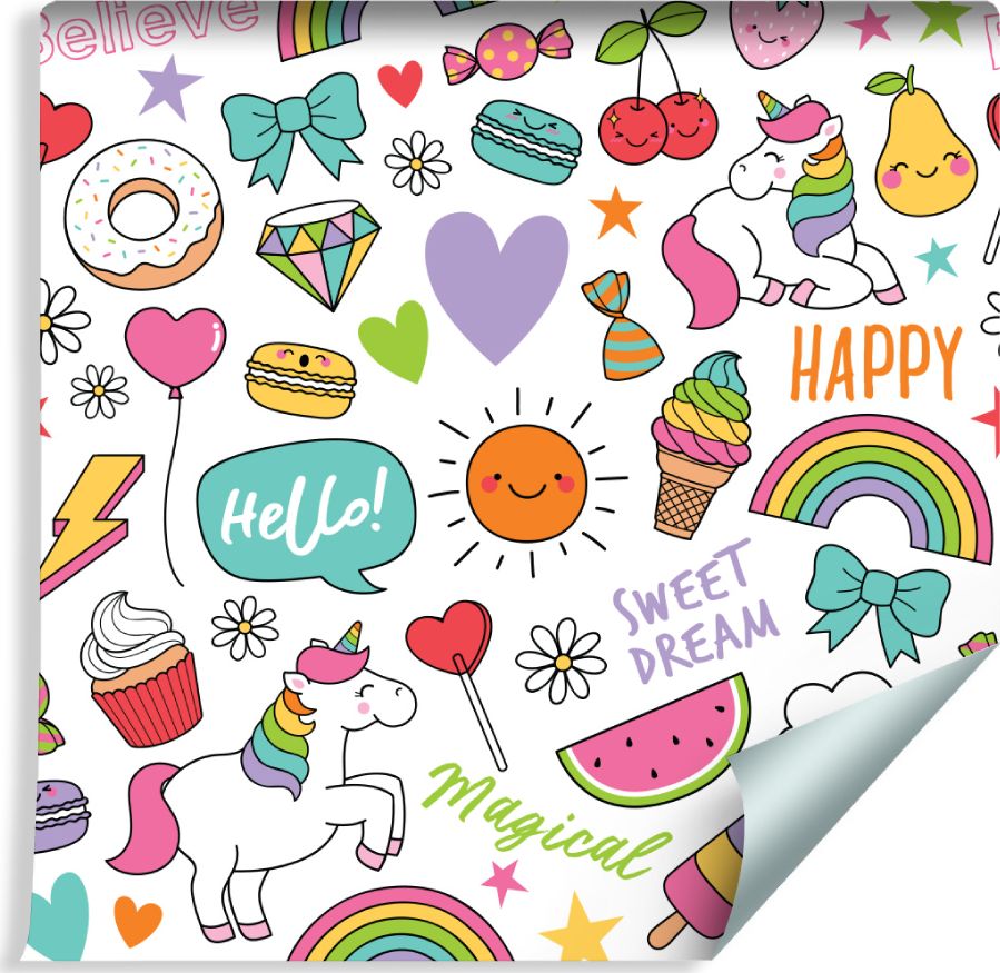 Muralo Tapeta Dla Dzieci - Jednorożce, Owoce, Słodycze i Chmurki