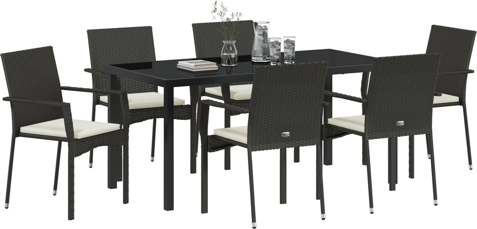 vidaXL 7-częściowy zestaw jadalny z poduszkami czarny polirattan