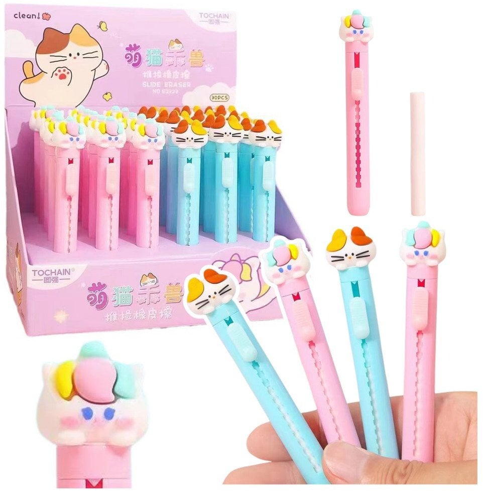 Gumka W Pisaku Wysuwana Z Figurką Kota Niebieski Różowy
