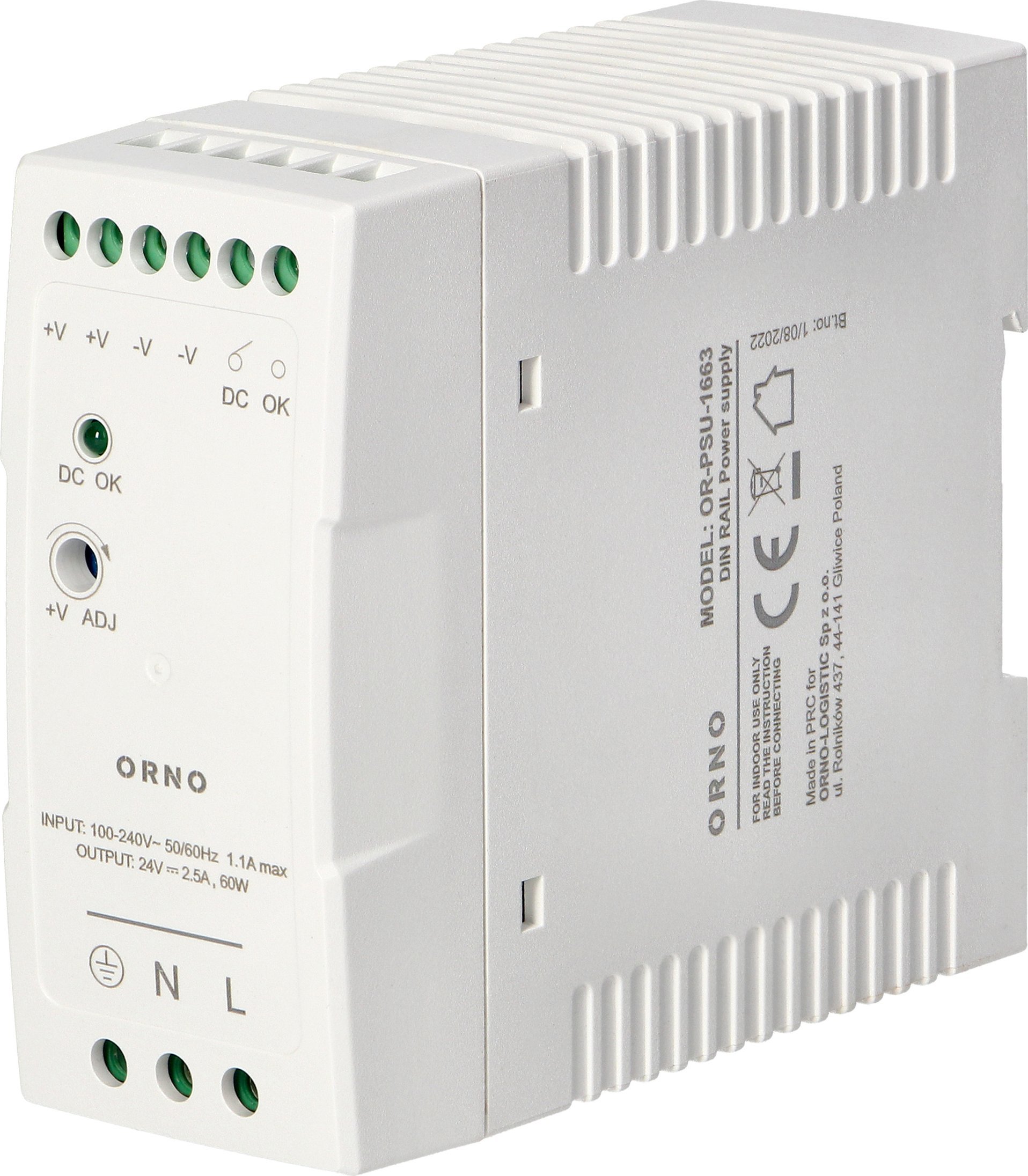 Orno Zasilacz przemysłowy, na szynę DIN, 24VDC, 2,5A, 60W, w plastikowej obudowie