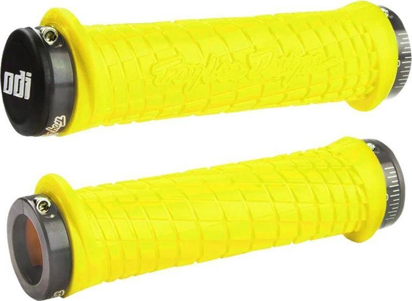 Chwyty przykręcane MTB ODI Troy Lee Designs, Lock-On żółte fluo, szare obejmy, 130mm