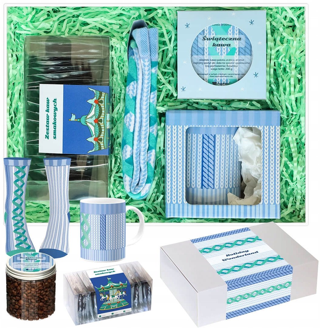 DUŻY ZESTAW PREZENTOWY GIFT BOX KOSZ KAWY SMAKOWE MIELONE W SASZETKACH KUBEK SKARPETY PREZENT UPOMINEK POD CHOINKĘ NA ŚWIĘTA GWIAZDKĘ MIKOŁAJA BOŻE NA