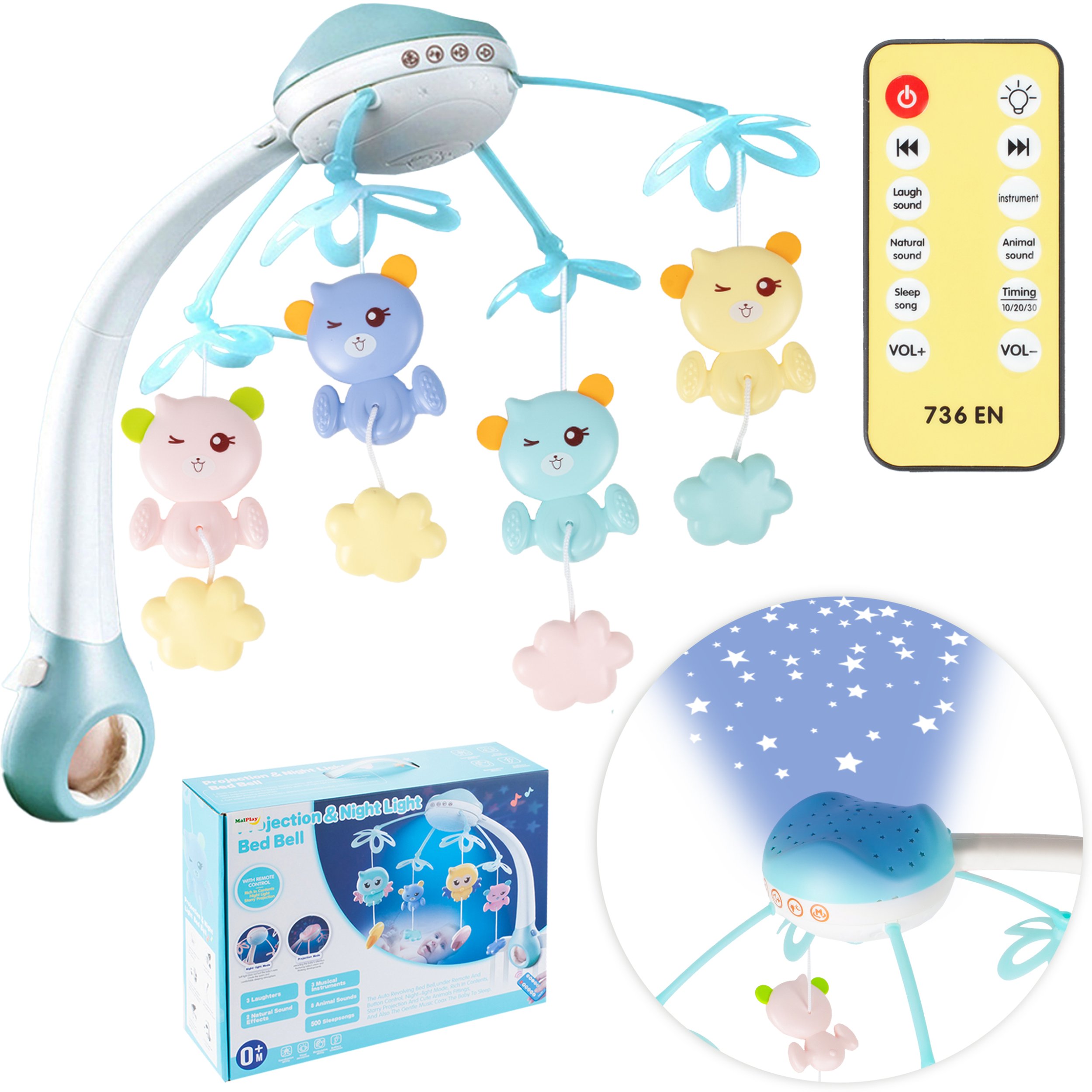 Karuzelka do łóżeczka 500 melodii z pilotem i projektorem
