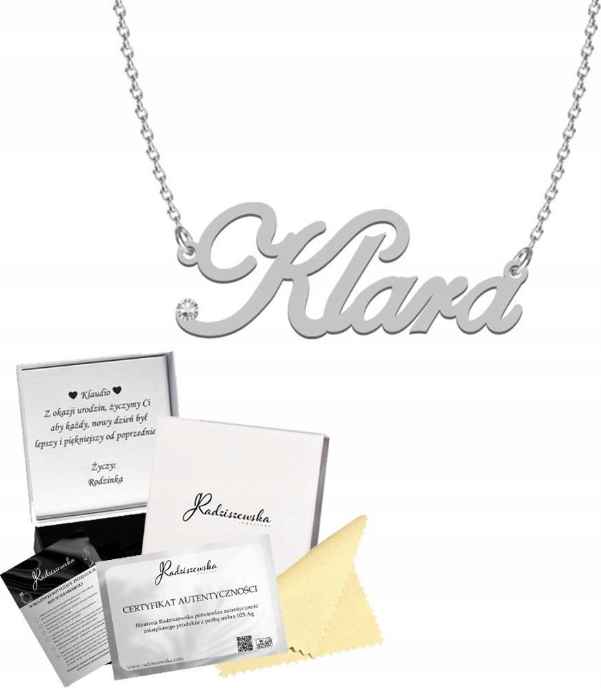 Radziszewska Jewellery Srebrny Łańcuszek z imieniem KLARA Prezent Biżuteria 925 Dedykacja Gratis