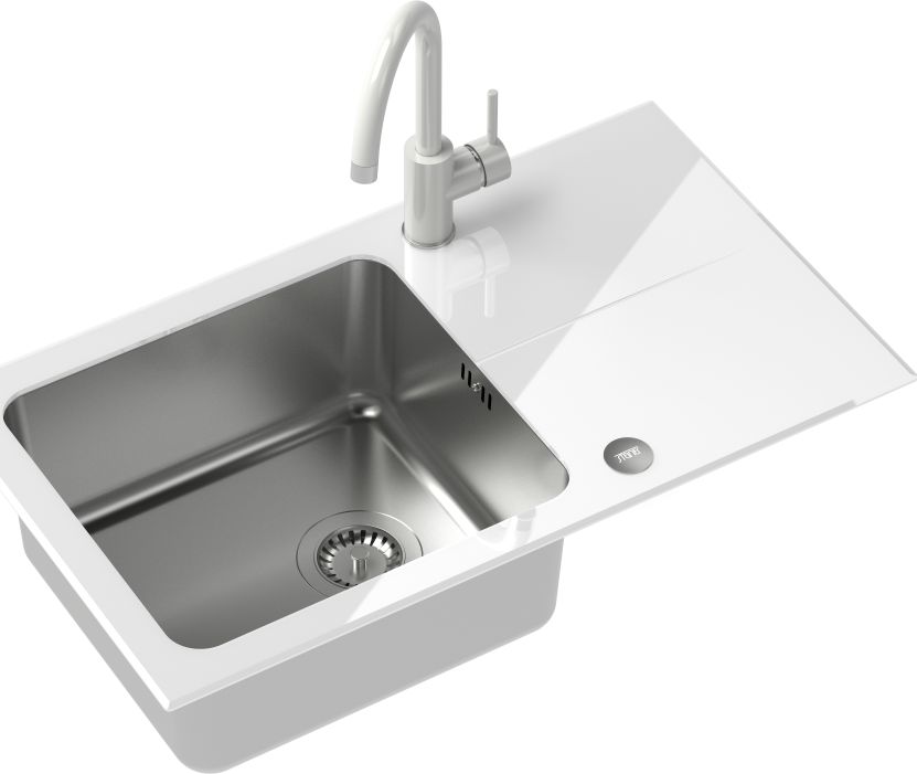 Zlewozmywak Steiner Hugh 111 komora stalowa z białym blatem szklanym + bateria