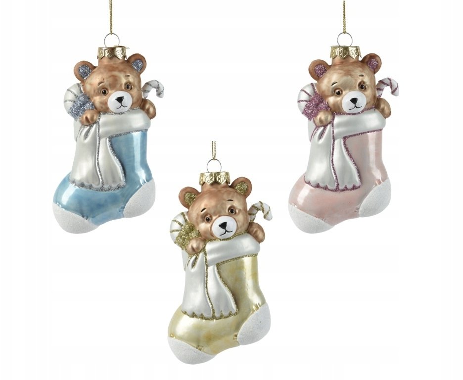 Bombka choinkowa szklana kształtka miś w skarpecie duża 7,8x12,5cm 1szt