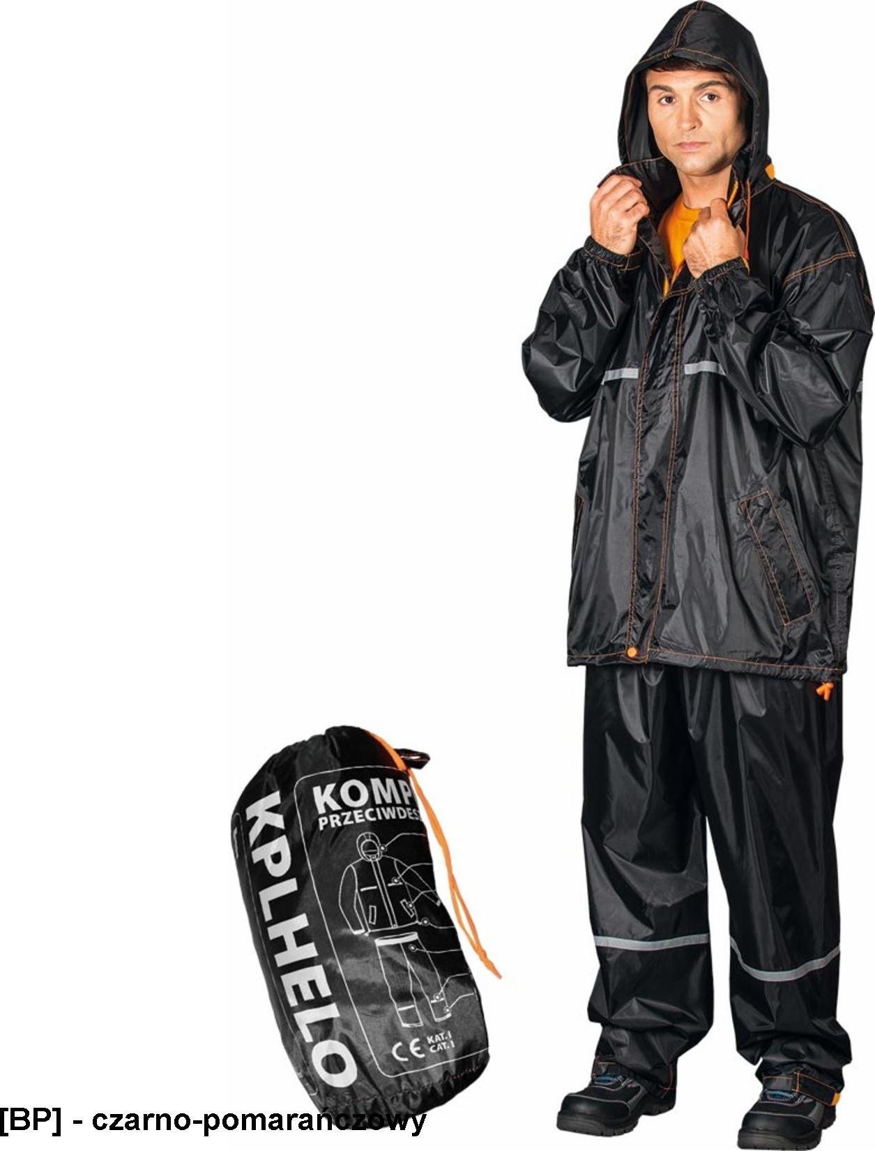 R.E.I.S. KPLHELO - Komplet przeciwdeszczowy w skład którego wchodzą spodnie do pasa i kurtka - czarno-pomarańczowy L