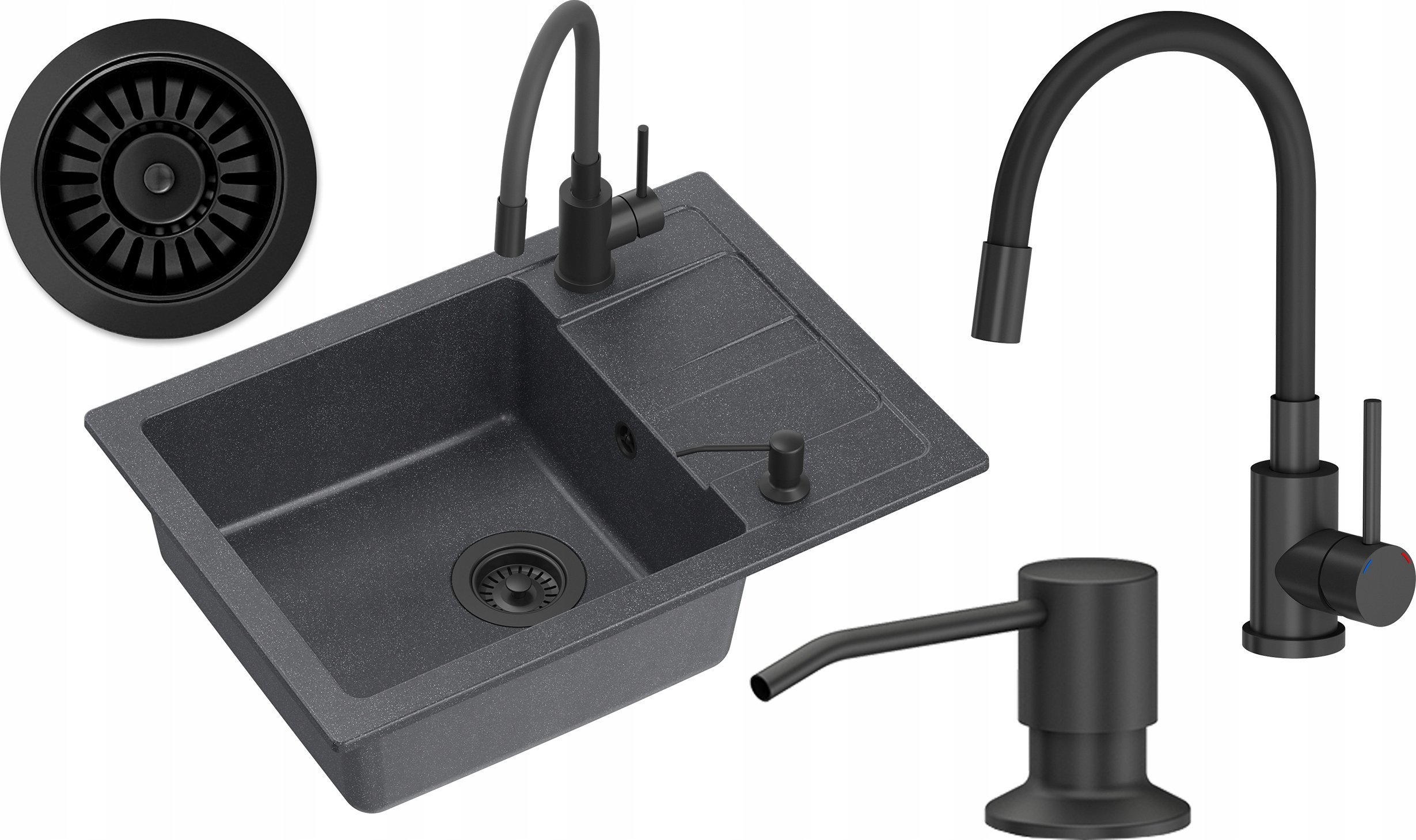 Zlewozmywak GraniteQ READY- SMART CZARNY zlewozmywak granitowy 1-k z/o (62x44x17,5) + bateria z elastyczną wylewką very black + dozownik very black +