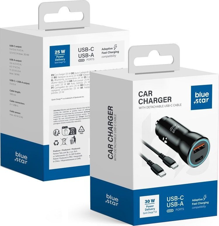 Ładowarka Blue Star BLUE STAR ładowarka samochodowa 3A 30W Typ C + USB A + kabel Typ C do Typ C PD QC3.0 AFC PPS czarna