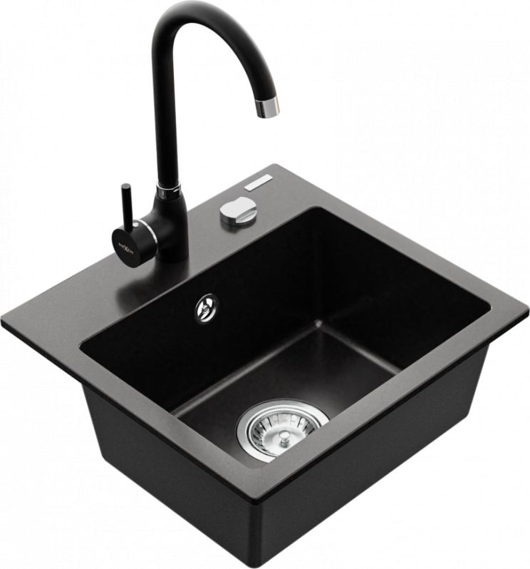 Zlewozmywak Mexen Mexen Milo zlewozmywak granitowy 1-komorowy z baterią kuchenną Telma, czarny - 6505-77-670200-70