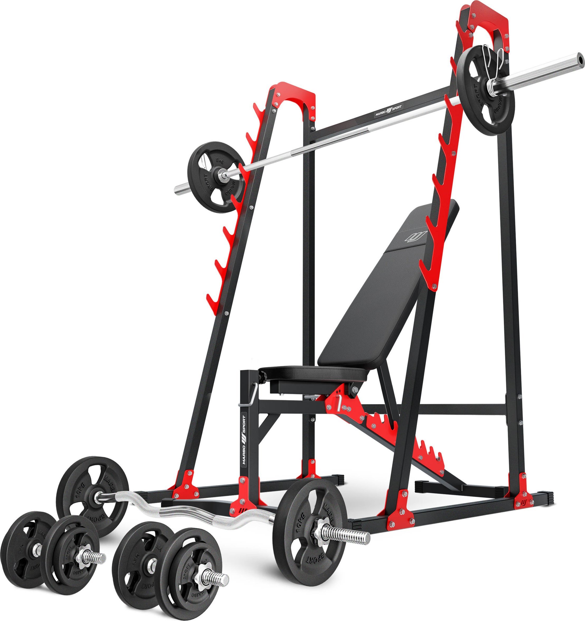 Zestaw MH24_126KG_KIER | Ławka regulowana + stojaki wielopoziomowe + zestaw gryfów i obciążeń - Marbo Sport