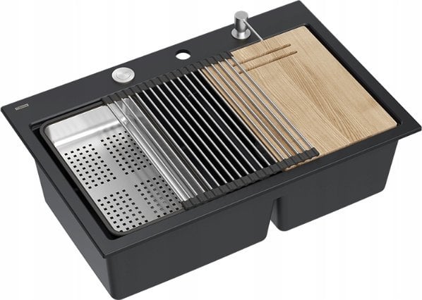 Zlewozmywak GraniteQ MARC 120 WORKSTATION GraniteQ zlewozmywak 2-komorowy 760*500*235 mm pure carbon + syfon push to open + dozownik stal szcz.+ wkład