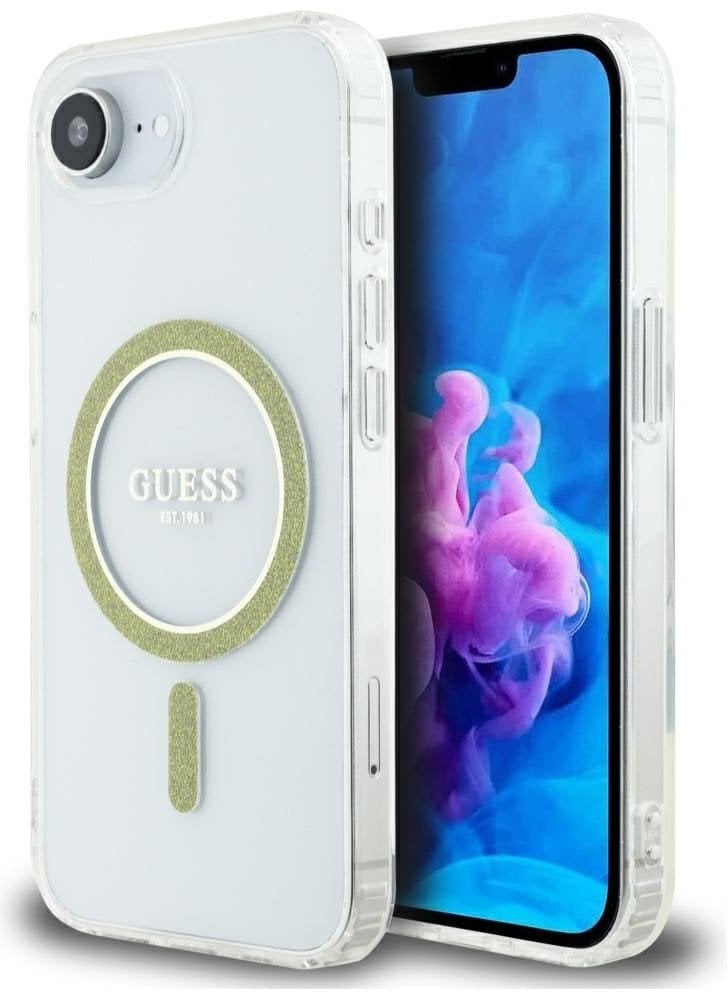 Etui Guess IML Glitter Circle MagSafe do iPhone 16e przezroczysty