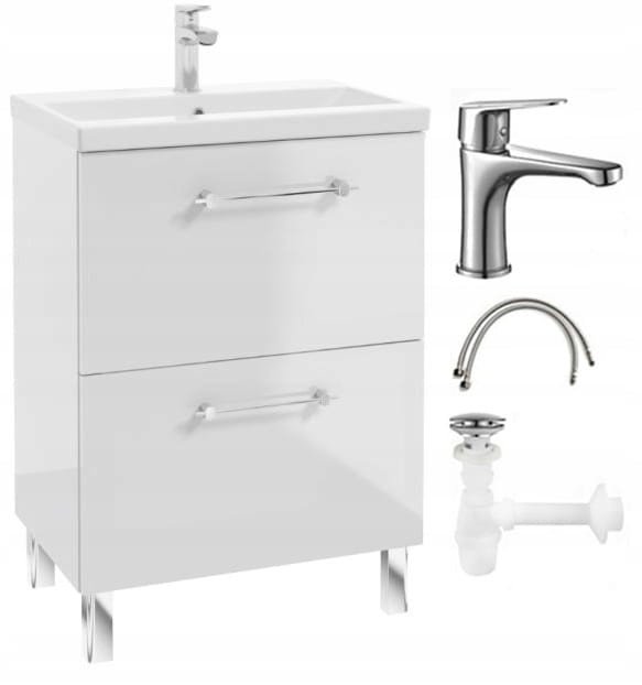 Zestaw Szafka łazienkowa z umywalką baterią i syfonem 50x80cm Stojąca Biały połysk Cassandra