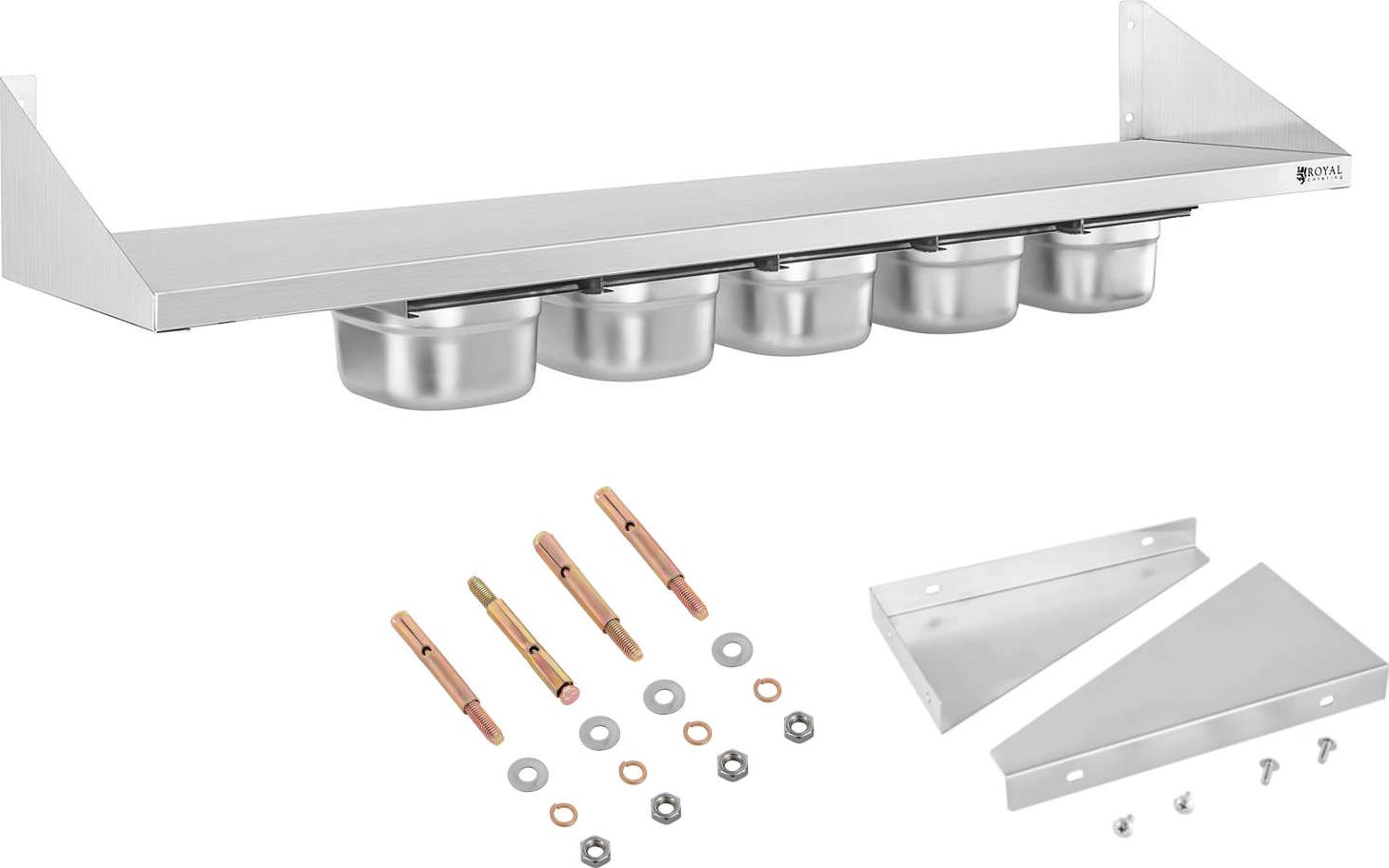 Royal Catering Półka ścienna wisząca na konsolach nierdzewna z pojemnikami GN1/6 Półka ścienna wisząca na konsolach nierdzewna z pojemnikami GN1/6