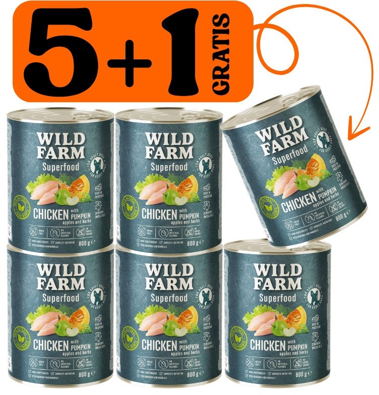 WILD FARM Superfood Chicken (Kurczak z dynią, jabłkiem i ziołami) 5x800g + 800g GRATIS bezzbożowa karma dla psa