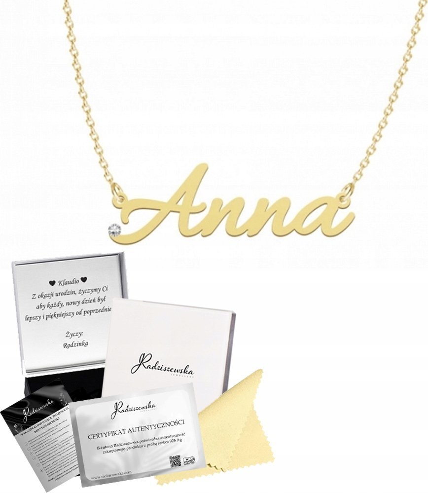 Radziszewska Jewellery Złoty Naszyjnik z imieniem Anna SREBRO 925 Prezent Łańcuszek DEDYKACJA
