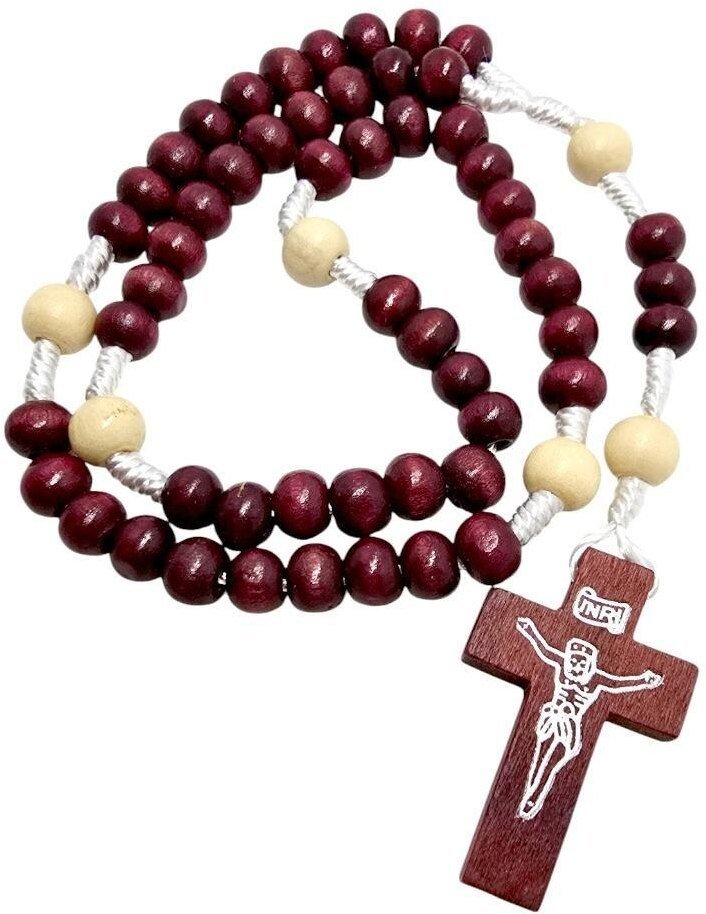 Różaniec na sznurku drewniany bordo