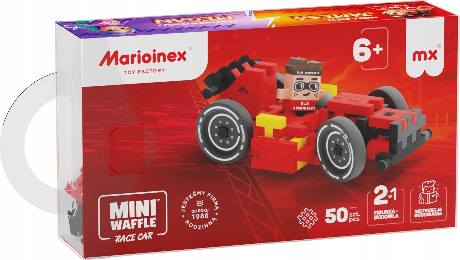 Marioinex Klocki Mini Waffle Autka 50 elementów Autko Wyścigowe Czerwone Marioinex